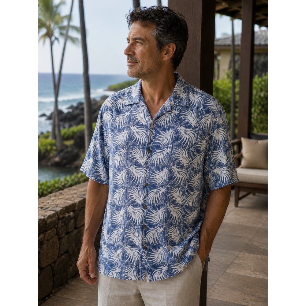 Nat Nast Luxury Originals Silk Cotton Camp Shirt Blue Palm Print XXL‎